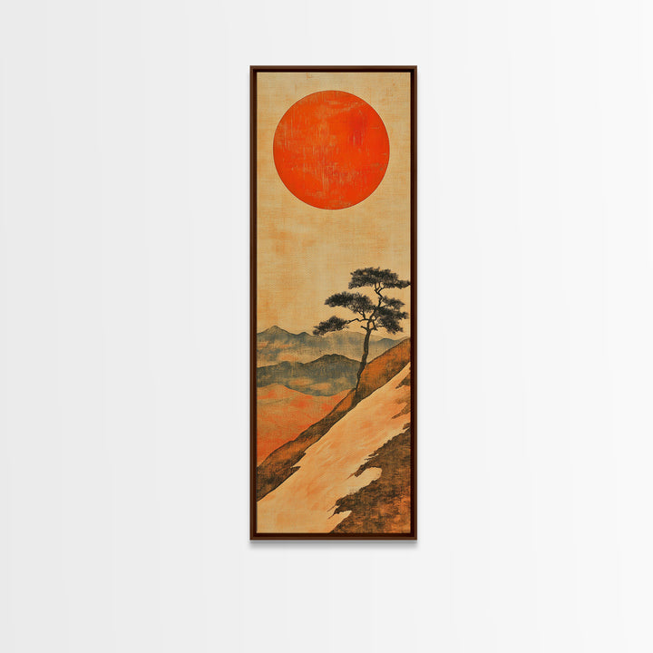 Large Red Sun Over Mountain Ridge Canvas Print, Japanese Landscape Wall Art, Earth Tone Decor, Minimalist Nature Art Print