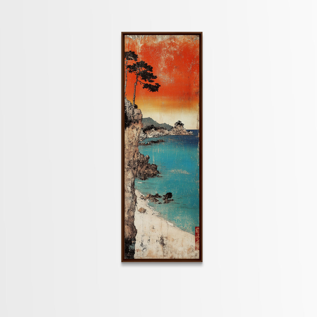 Turquoise Cove And Cliffside Sunset Large Canvas Print, Japanese Coastal Wall Art, Beach House Decor, Vibrant Ocean Art Print