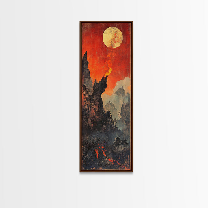 Fiery Moonlit Mountain Landscape Framed Canvas Print, Japanese Fantasy Wall Art, Moody Rustic Decor, Dramatic Nature Art