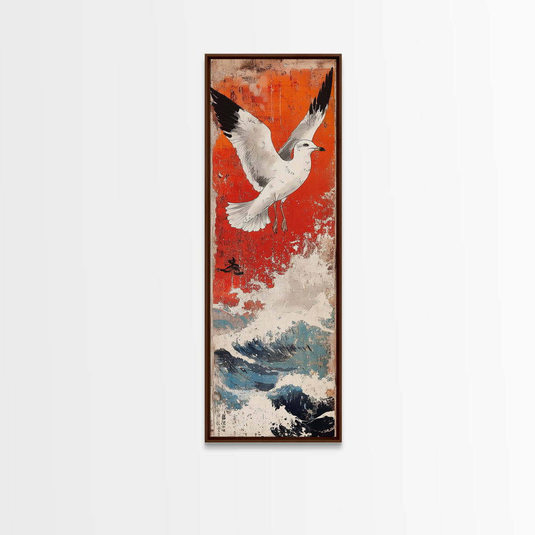 White Seagull Flying Over Ocean Waves Large Wall Art, Japanese Coastal Print, Nautical Beach House Decor, Seascape Art Print