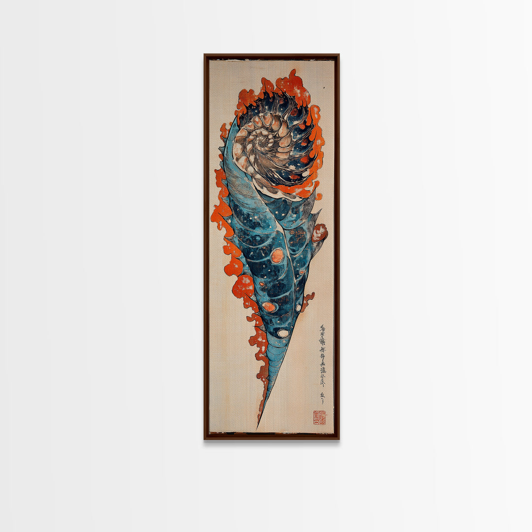 Blue Orange Spiral Seashell Wall Art, Japanese Woodblock Coastal Canvas Wall Decor, Nautical Ocean Print For Beach House