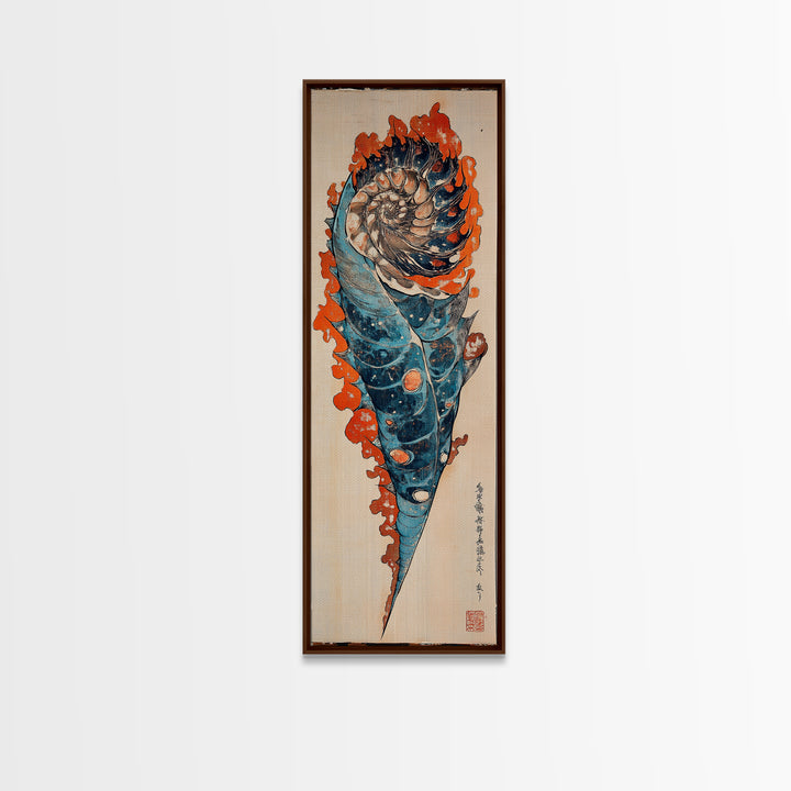 Blue Orange Spiral Seashell Wall Art, Japanese Woodblock Coastal Canvas Wall Decor, Nautical Ocean Print For Beach House