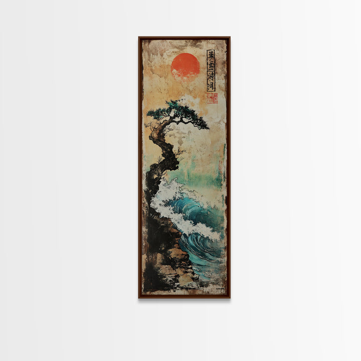 Red Sun Pine Cliff Seascape Wall Art, Japanese Wave Landscape Print, Coastal Zen Decor For Living Room And Office, Modern Home Decor