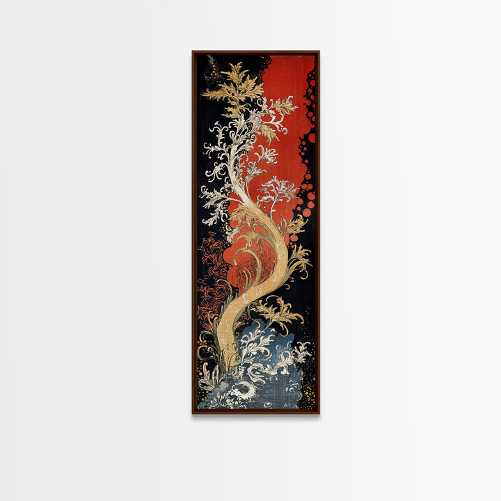 Golden Fantasy Tree With Waves Canvas Print, Art Nouveau Asian Inspired Wall Decor, Dramatic Red Black Living Room Art, Statement Artwork