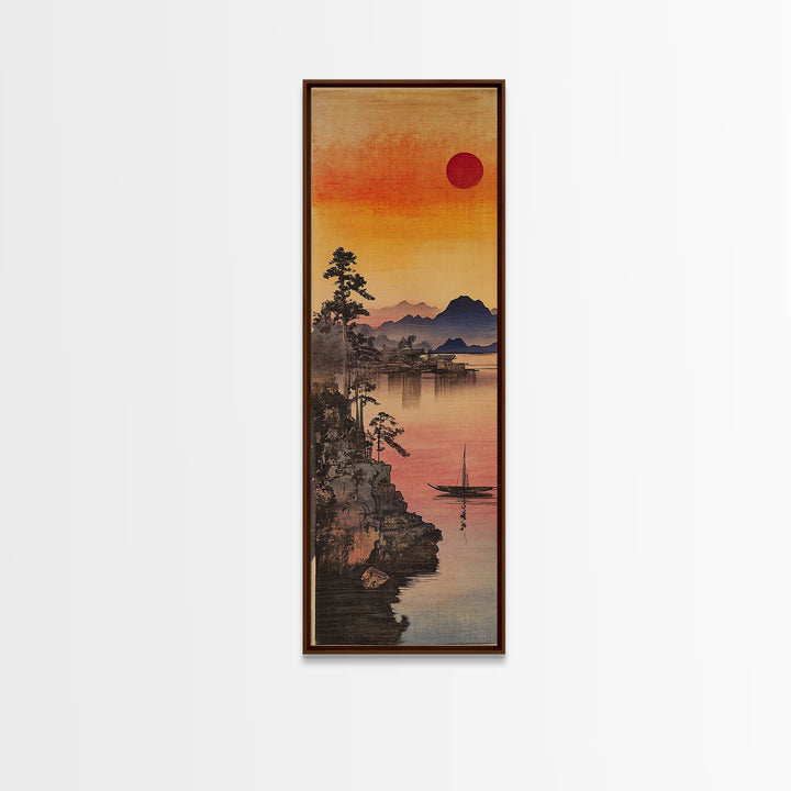 Orange Sunset Lake Mountain Wall Art, Japanese Landscape Print, Serene Nature Decor For Bedroom And Living Room, Framed Canvas Print