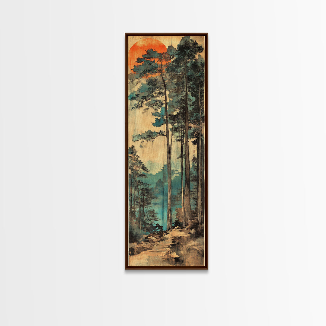Tall Pine Forest Sunrise Wall Art, Japanese Woodblock Landscape Print, Misty Mountain Nature Decor For Living Room And Office Decor
