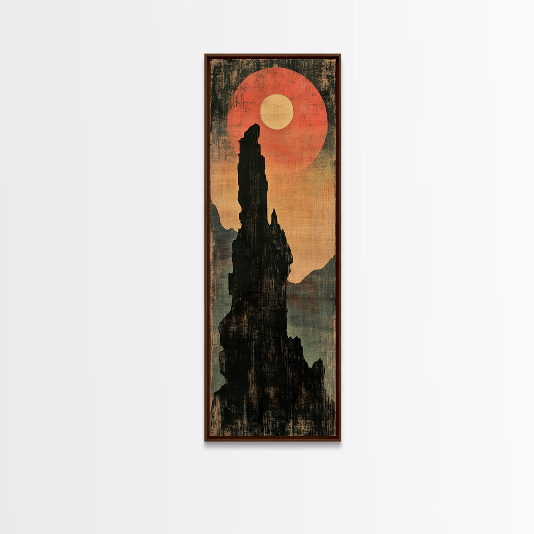 Black Rock Spire Eclipse Wall Art, Moody Japanese Mountain Landscape Print, Dark Academia Decor For Modern Living Room, Canvas Print