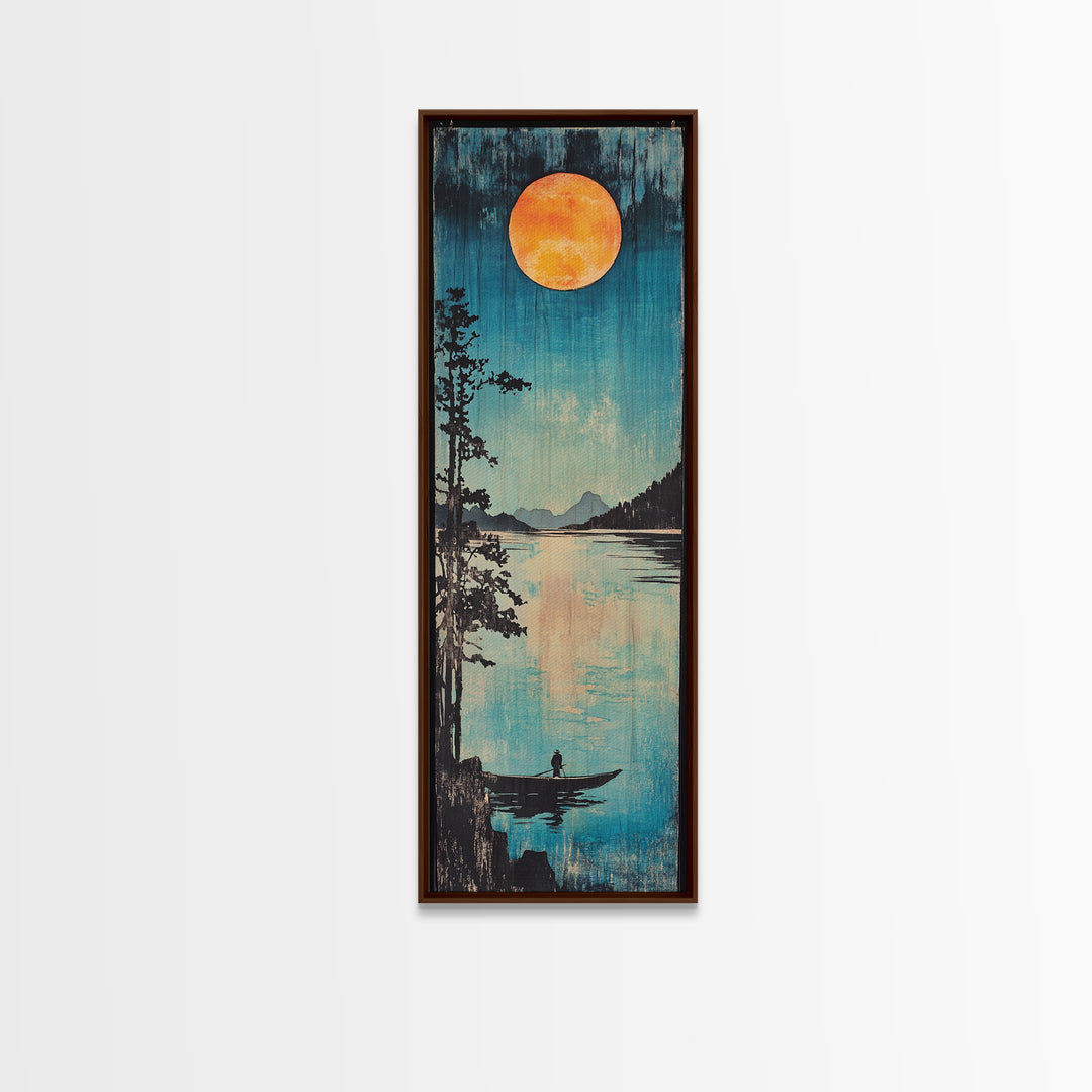 Orange Full Moon Over Mountain Lake Canvas Print, Serene Canoe Landscape Art, Japandi Wall Decor, Calming Bedroom Decor Gift