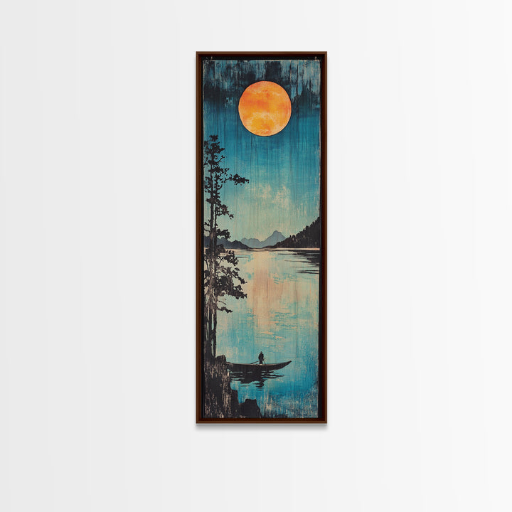 Orange Full Moon Over Mountain Lake Canvas Print, Serene Canoe Landscape Art, Japandi Wall Decor, Calming Bedroom Decor Gift