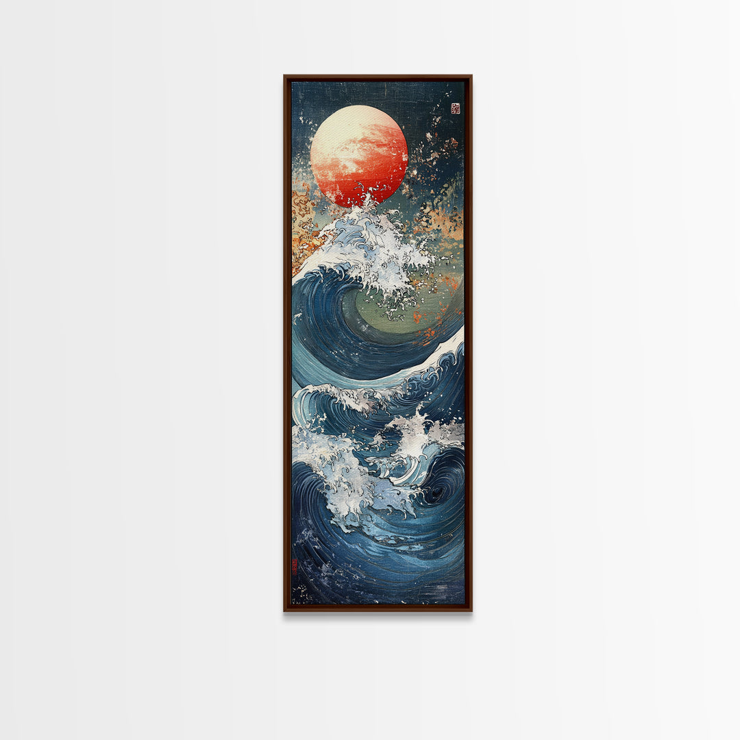 Great Wave With Red Sun Framed Canvas Print, Japanese Wall Art, Ocean Seascape, Nautical Decor, Bold Coastal Gift, Living Room Wall Decor