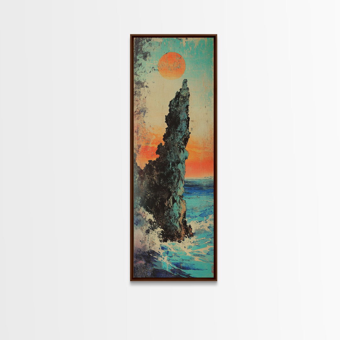 Dramatic Sea Stack At Sunset Wall Art, Japanese Coastal Landscape Print, Ocean Cliff Decor, Tall Narrow Canvas Gift, Living Room Decor