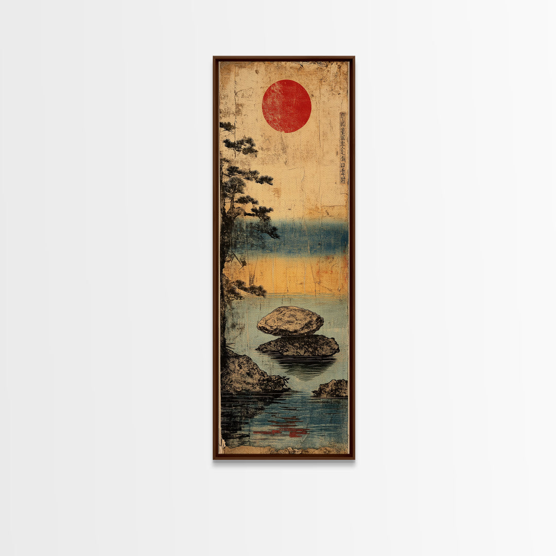 Misty Lake Rocks With Red Sun Wall Art, Japanese Landscape Print, Zen Coastal Decor, Japandi Living Room Wall Decor Gift