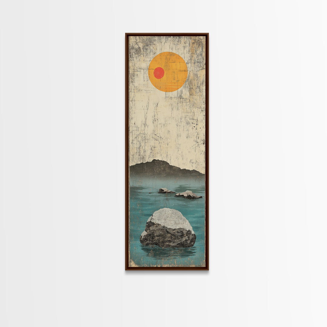 Minimal Ocean Rocks Beneath Yellow Sun Canvas Print, Japanese Seascape Wall Art, Neutral Coastal Decor, Zen Home Decor Gift