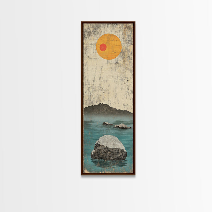 Minimal Ocean Rocks Beneath Yellow Sun Canvas Print, Japanese Seascape Wall Art, Neutral Coastal Decor, Zen Home Decor Gift