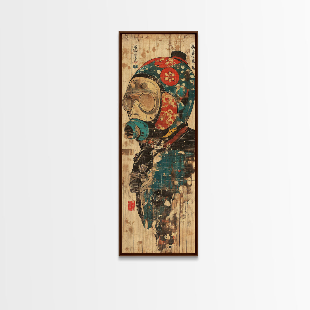 Steampunk Gas Mask Diver Helmet Framed Canvas Print, Japanese Cyberpunk Wall Art, Industrial Decor, Sci Fi Gift For Him Poster