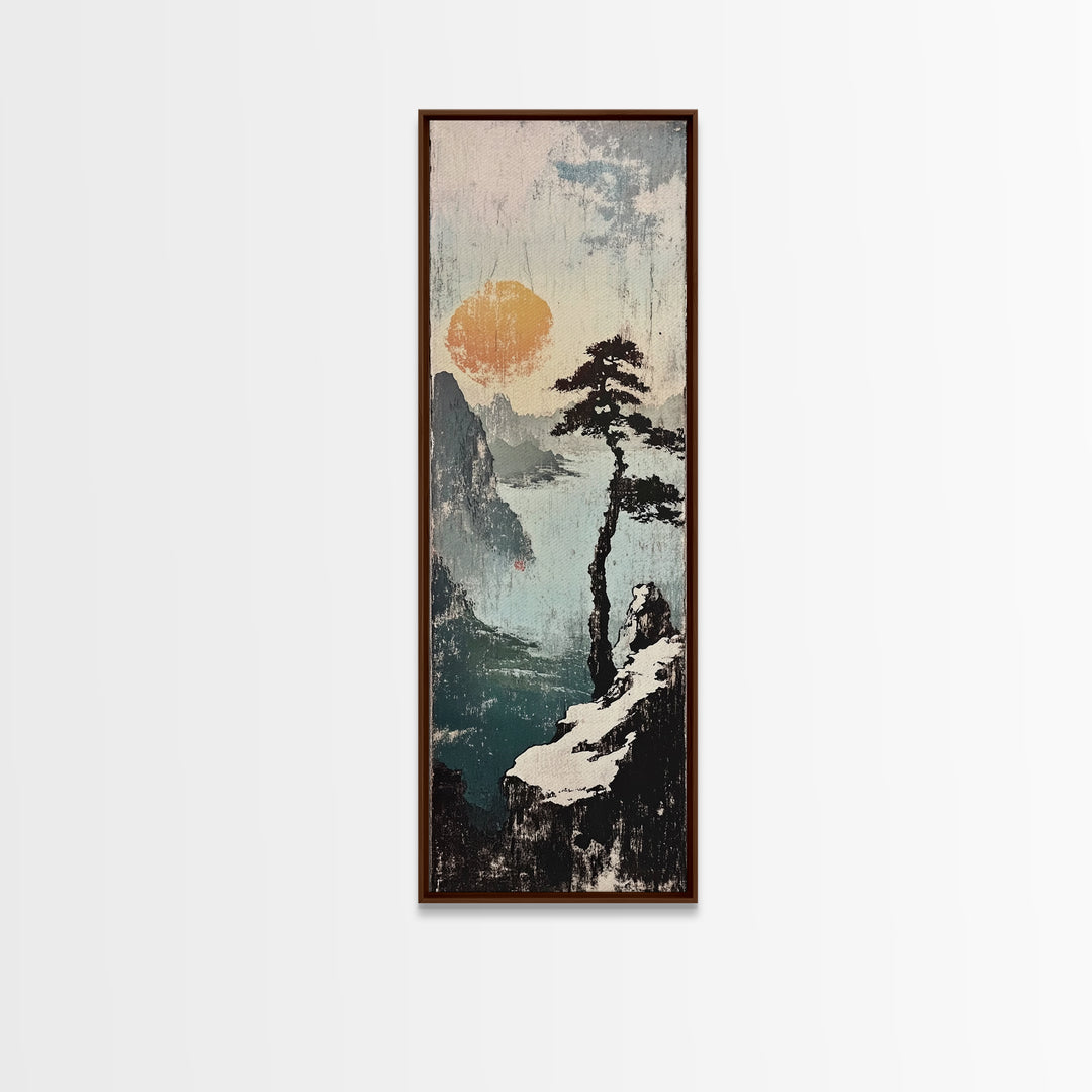 Misty Cliff Pine Lake Canvas Print, Japanese Landscape Wall Art, Neutral Nature Poster, Zen Home Decor, Office Wall Decor
