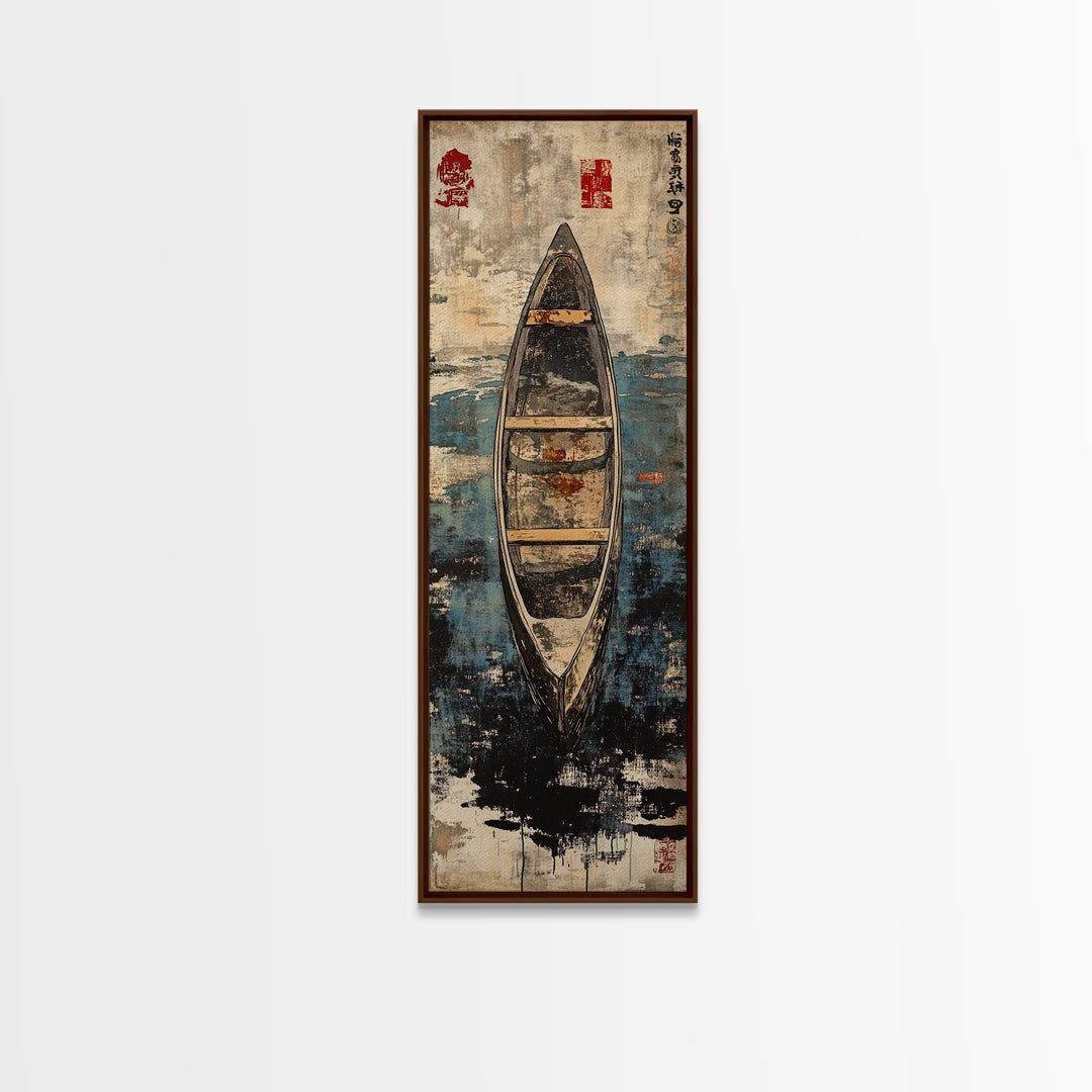 Weathered Canoe On Deep Blue Water Canvas Print, Coastal Boat Wall Decor, Nautical Lake House Art Print, Rustic Home Decor