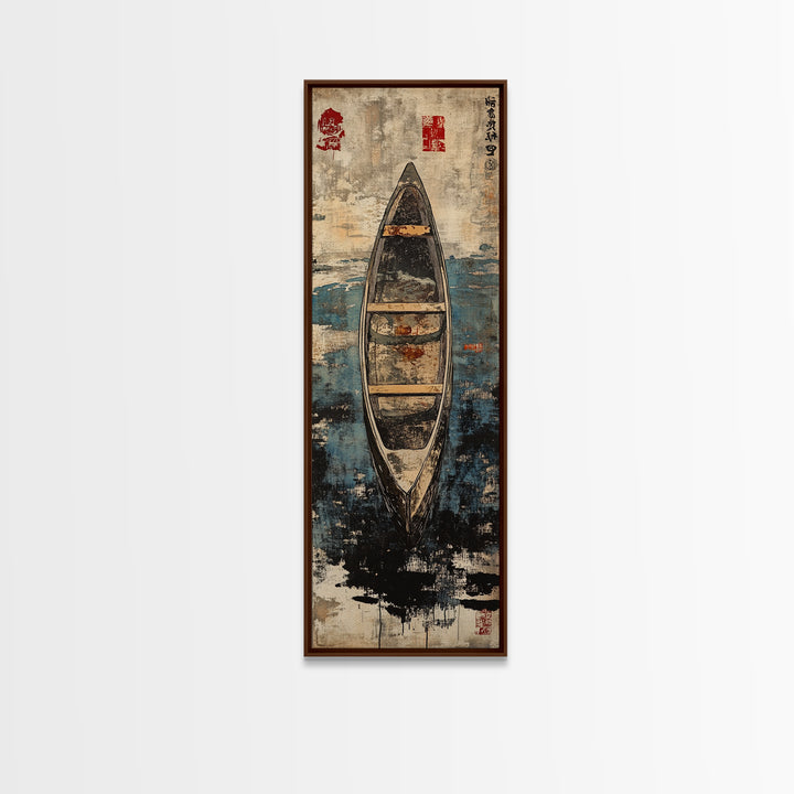 Weathered Canoe On Deep Blue Water Canvas Print, Coastal Boat Wall Decor, Nautical Lake House Art Print, Rustic Home Decor