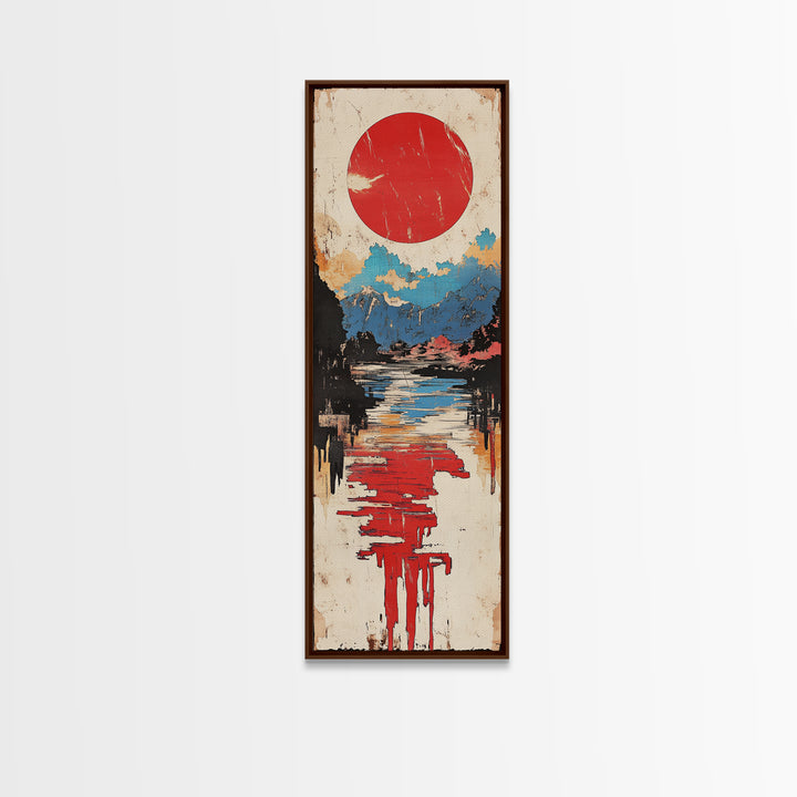 Red Sun Over Reflective Lake Wall Art, Japanese Landscape Print, Modern Coastal Decor, Serene Living Room Canvas Print, Home Decor