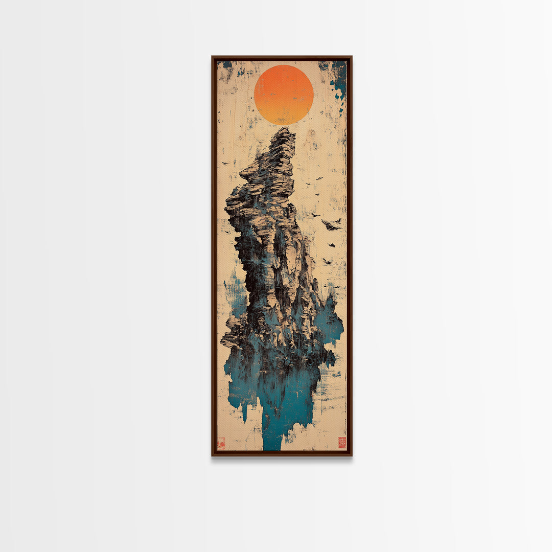 Rocky Sea Stack Under Orange Sun Wall Art, Japanese Landscape Canvas Print, Coastal Nature Decor, Minimalist Home Decor Art