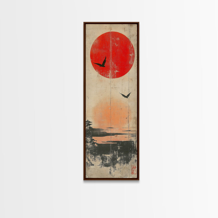 Red Sun And Birds Over Misty Lake Wall Art, Japanese Landscape Print, Minimalist Nature Decor, Serene Canvas Print, Home Decor