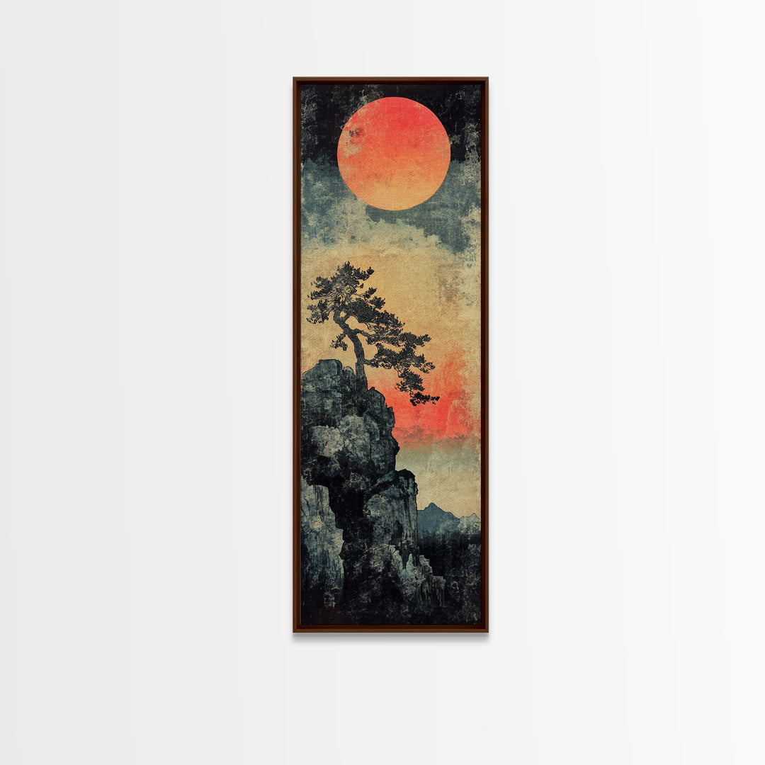 Cliff Pine Red Sun Framed Canvas Print, Japanese Landscape Wall Decor, Moody Nature Art, Vertical Poster For Living Room