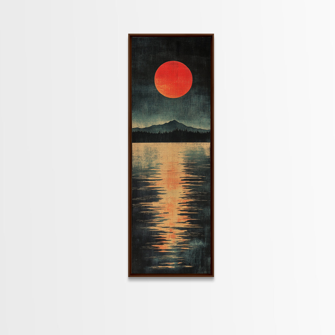 Red Sun Mountain Lake Canvas Print, Japanese Landscape Wall Decor, Moody Reflection Art, Long Narrow Poster For Modern Living Room