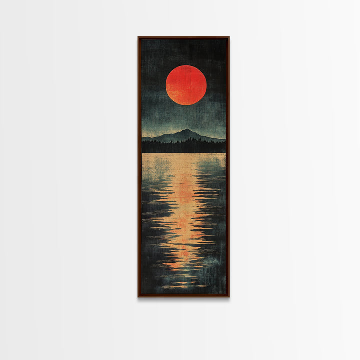 Red Sun Mountain Lake Canvas Print, Japanese Landscape Wall Decor, Moody Reflection Art, Long Narrow Poster For Modern Living Room