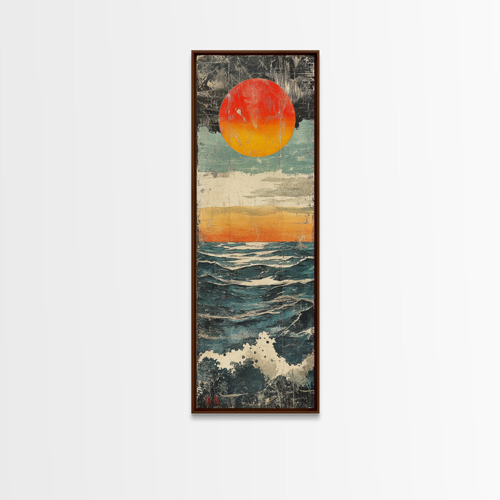 Abstract Ocean Sunset Wall Art, Red Sun Seascape Print, Coastal Wall Decor, Textured Wave Poster For Beach House Living Room