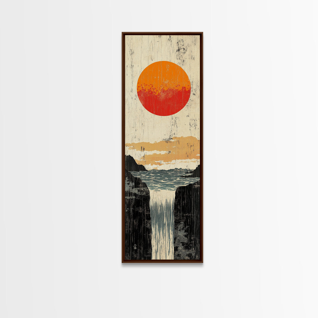 Orange Sun Waterfall Canvas Print, Japanese Cliff Landscape Wall Decor, Nature Poster, Wabi Sabi Art For Bathroom Or Office