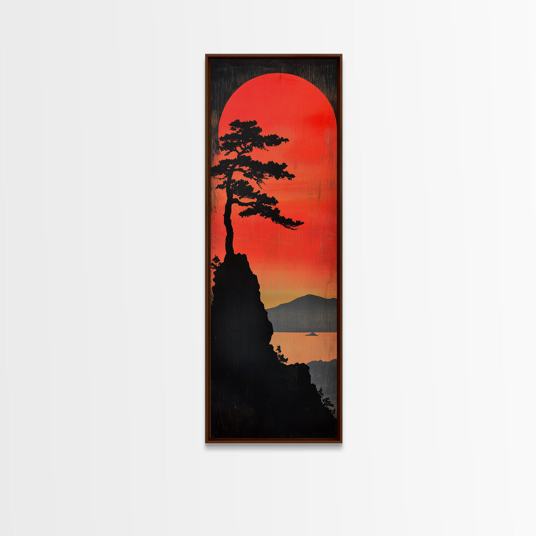 Pine Silhouette Red Sun Wall Art, Japanese Lake Landscape Print, Moody Nature Decor, Long Narrow Canvas For Modern Living Room
