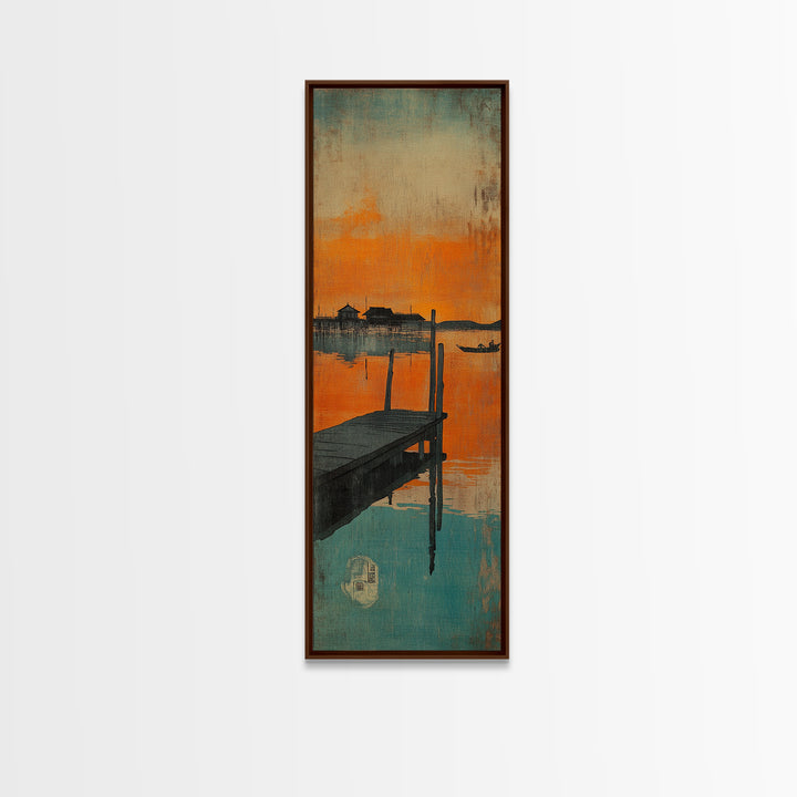 Orange Sunset Dock Wall Art, Moody Seascape Canvas, Coastal Wall Decor, Lake House Decor For Nautical Living Room, Home Decor