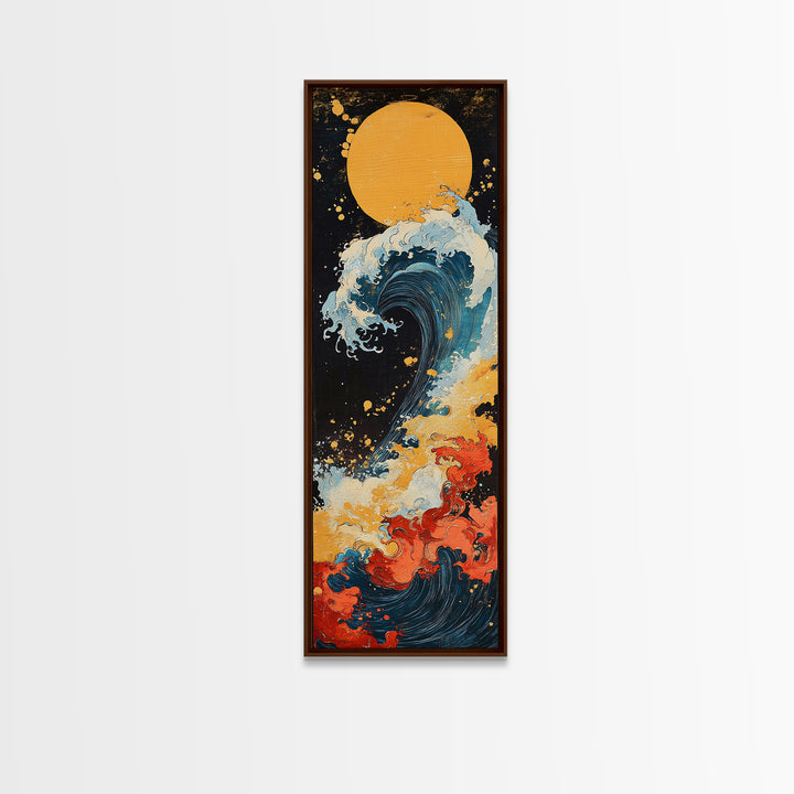 Golden Moon Ocean Wave Framed Canvas Print, Japanese Wall Art, Coastal Decor, Bold Ukiyo E Seascape For Modern Home Decor
