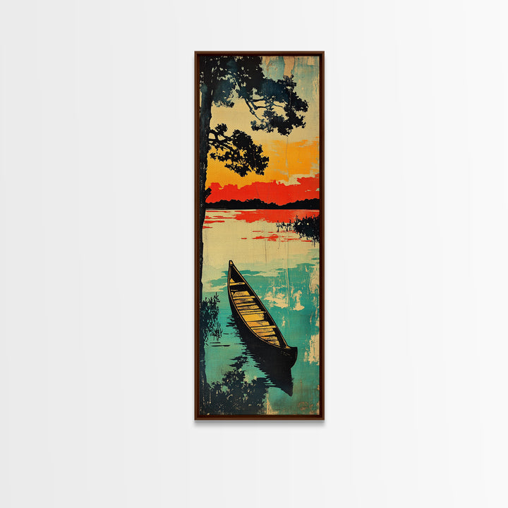 Canoe On Sunset Lake Wall Art, Japanese Landscape Canvas Print, Rustic Cabin Home Decor, Teal Water Long Vertical Art Print
