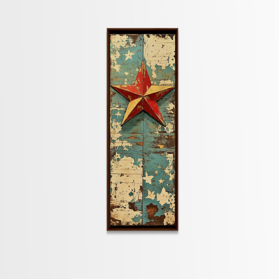 Rustic Red Star On Blue Wood Wall Art, Americana Canvas Print, Farmhouse Wall Decor, Patriotic Western Home Decor, Porch Decor