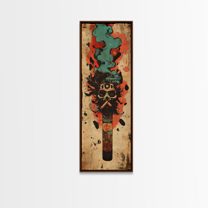 Smoking Tribal Mask With Teal Smoke Canvas Print, African Inspired Art, Afrocentric Wall Decor, Bold Man Cave Decor Gift