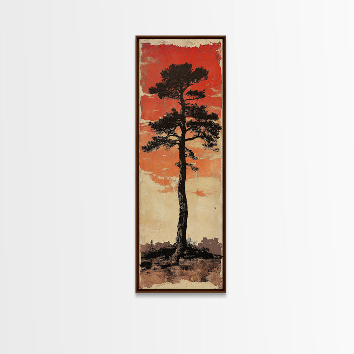 Lone Black Pine Tree At Red Sunset Canvas Print, Japanese Wall Art, Rustic Landscape Art, Long Narrow Nature Wall Decor Gift