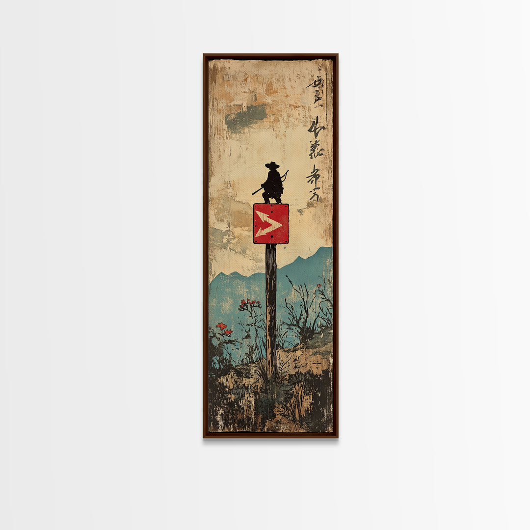 Samurai Silhouette On Mountain Signpost Wall Art, Japanese Landscape Print, Asian Inspired Decor, Long Narrow Home Decor Gift