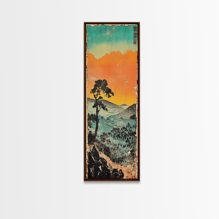 Orange Sunset Mountain Valley Canvas Print, Japanese Landscape Wall Art, Coastal Teal Nature Decor, Long Narrow Wall Decor