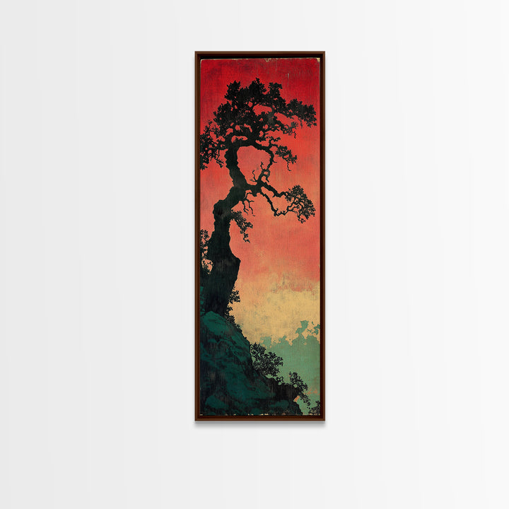 Twisted Black Pine Tree At Red Dusk Canvas Print, Japanese Wall Art, Moody Landscape Decor, Long Narrow Nature Gift For Her