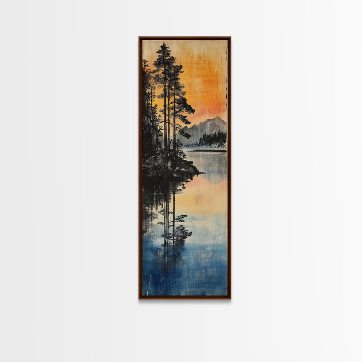 Misty Pine Lake Reflection Sunset Mountains Wall Art, Japanese Landscape Print, Rustic Cabin Decor, Nature Living Room Art