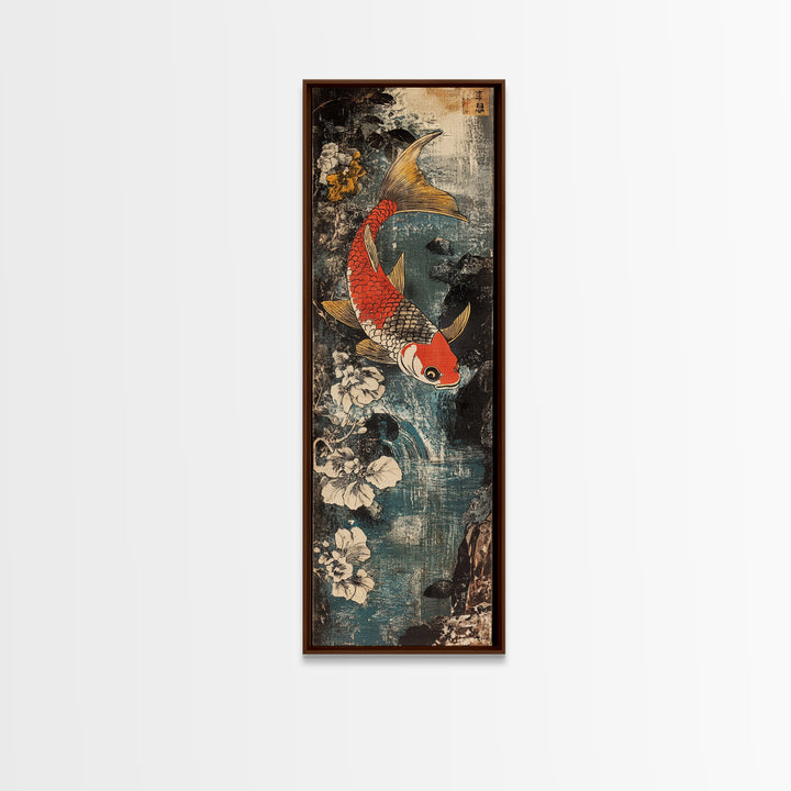 Red And Gold Koi Fish With White Flowers Wall Art, Japanese Koi Art, Asian Bathroom Decor, Zen Nature Canvas Print, Living Room Decor