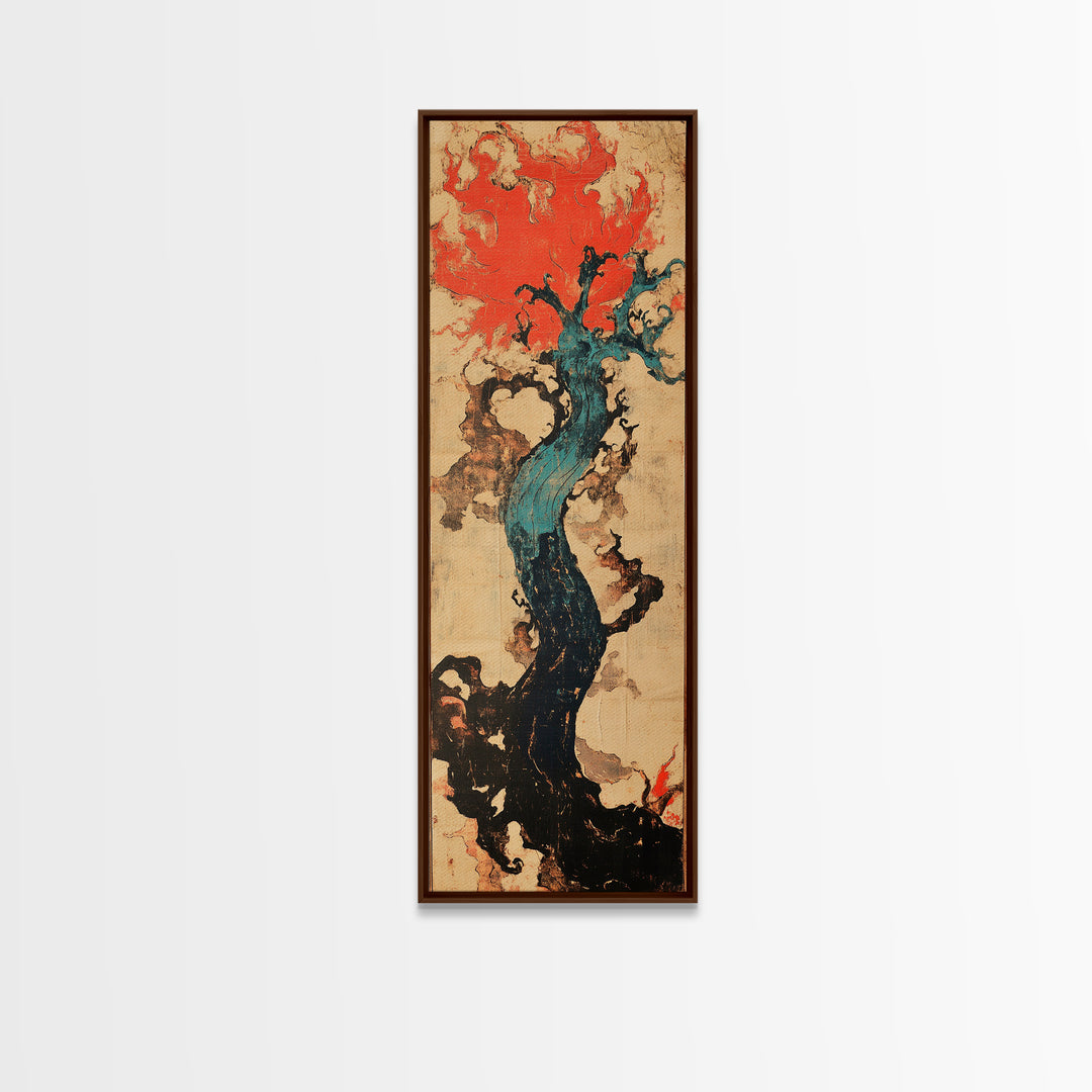 Teal Twisted Tree With Red Flame Clouds Framed Canvas Print, Japanese Abstract Wall Art, Moody Organic Modern Decor, Statement Art