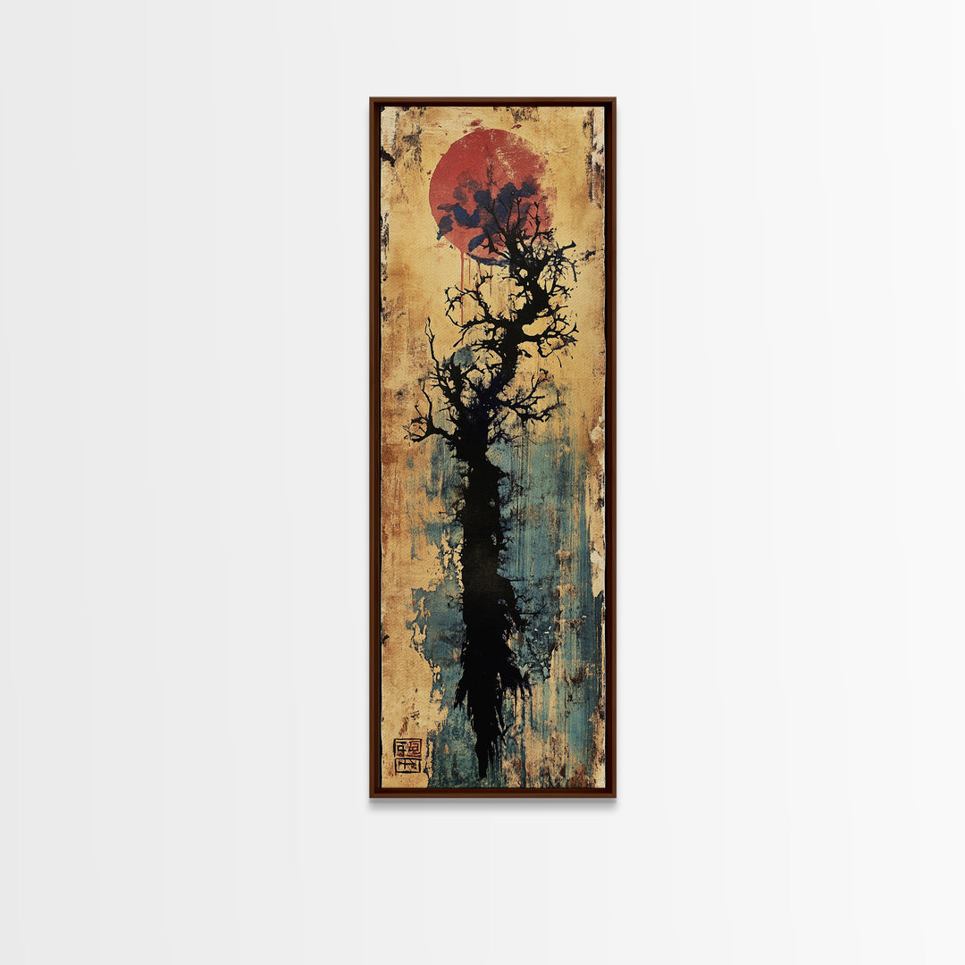 Bare Black Tree Under Crimson Moon Wall Art, Japanese Ink Landscape, Dark Academia Decor, Moody Zen Living Room Art, Canvas Print