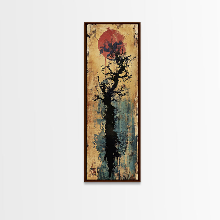 Bare Black Tree Under Crimson Moon Wall Art, Japanese Ink Landscape, Dark Academia Decor, Moody Zen Living Room Art, Canvas Print