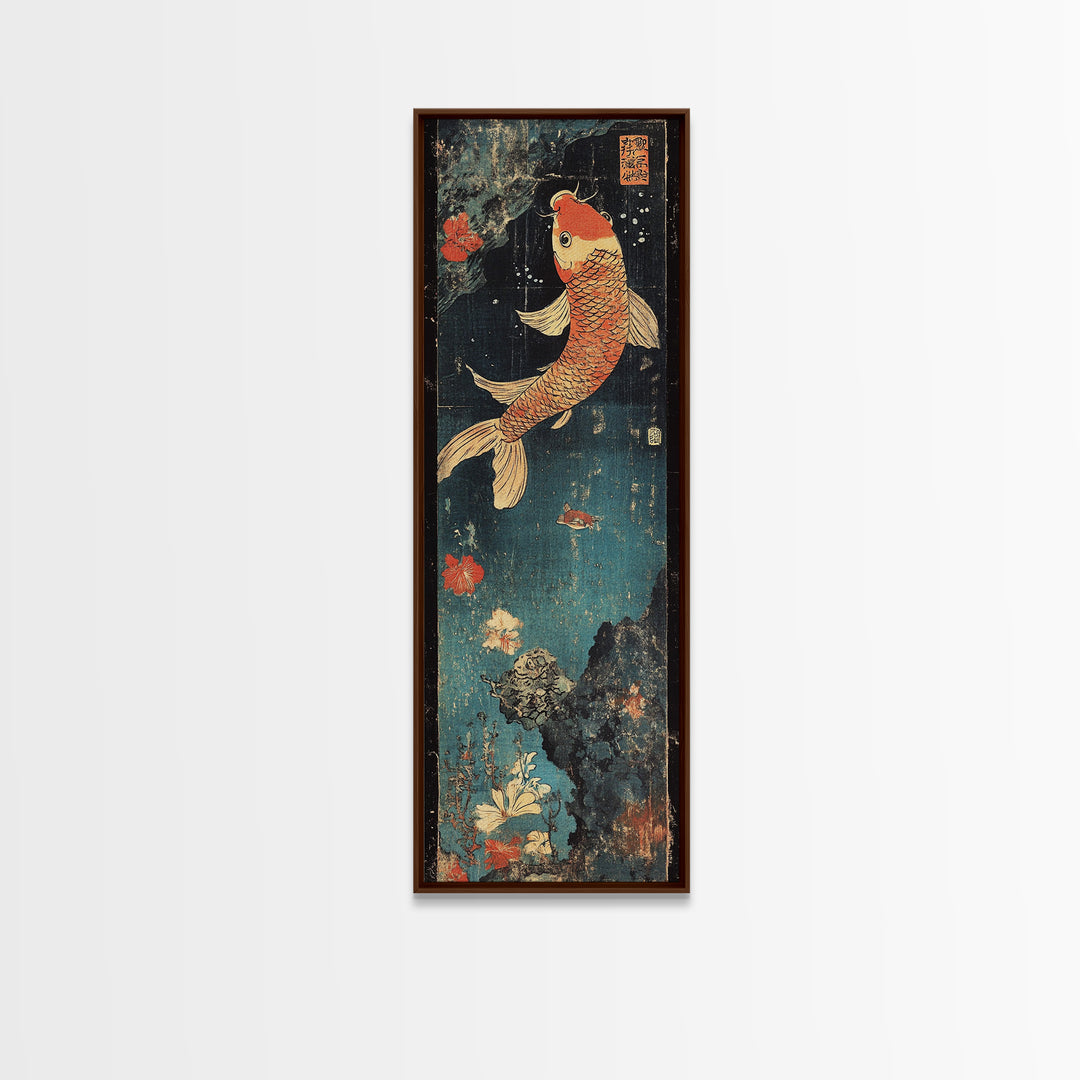 Golden Koi Fish With Coral Flowers Framed Canvas Print, Japanese Koi Wall Art, Zen Bathroom Decor, Asian Nature Art Print
