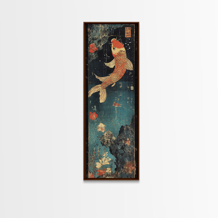 Golden Koi Fish With Coral Flowers Framed Canvas Print, Japanese Koi Wall Art, Zen Bathroom Decor, Asian Nature Art Print
