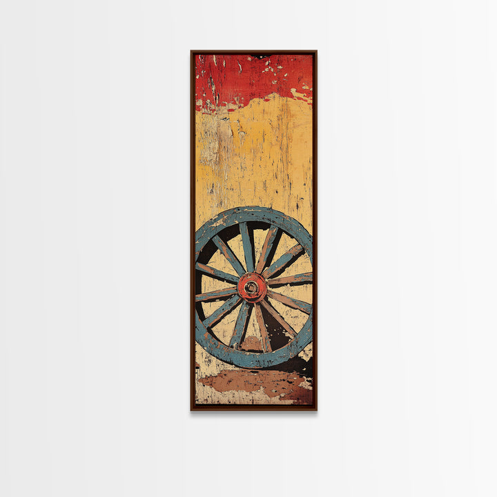 Blue Wagon Wheel Wall Art, Rustic Western Canvas Print, Distressed Farmhouse Decor For Country Home And Living Room Wall Decor