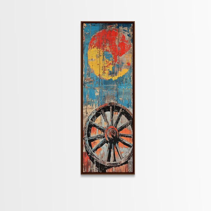 Wagon Wheel With Red Sun Wall Art, Rustic Western Canvas Print, Bold Farmhouse Decor For Living Room And Country Home Wall Decor