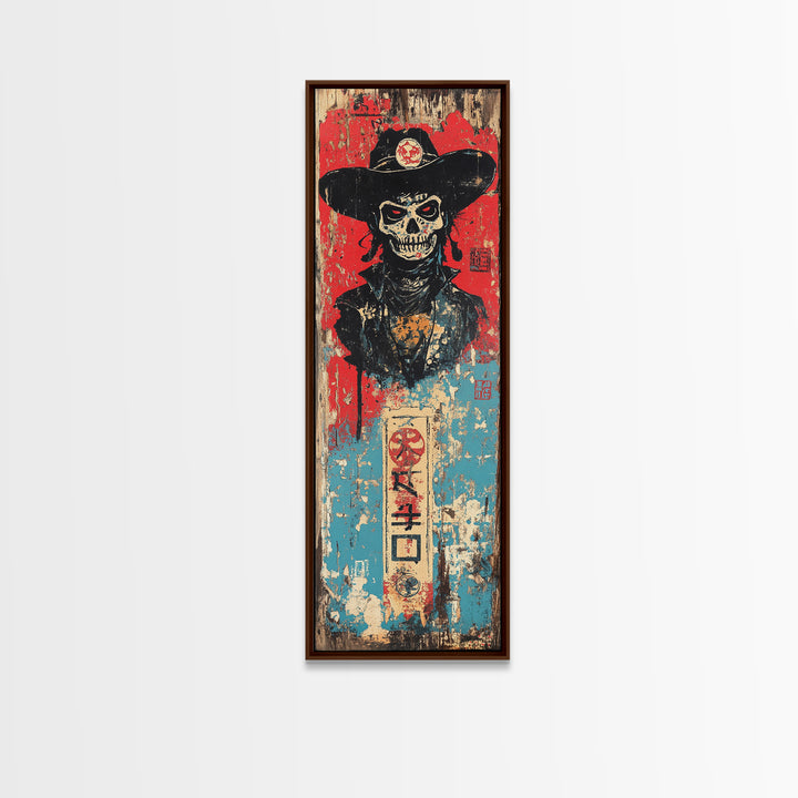 Skeleton Cowboy In Black Hat Wall Art, Gothic Western Canvas Print, Dark Americana Decor For Man Cave And Eclectic Room Decor